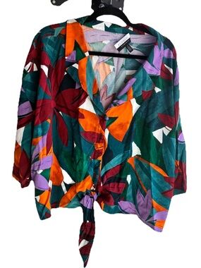 Eloquii Elements Tropical Tie-Front Button Shirt - Multicolor Leaf Print Size 24